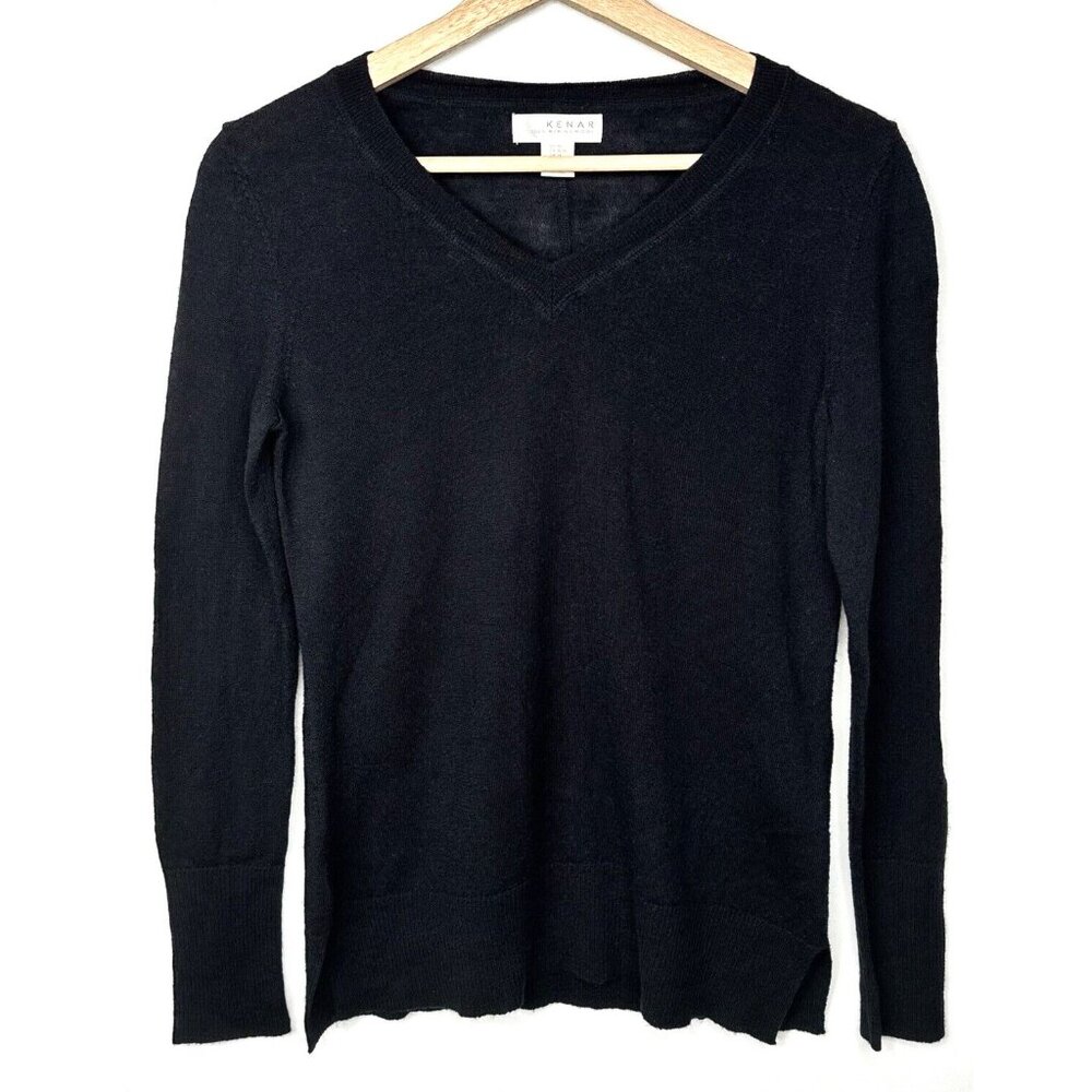 Kenar Merino Wool Sweater Women Medium Black V Neck Long Sleeve Ribbed Hem
